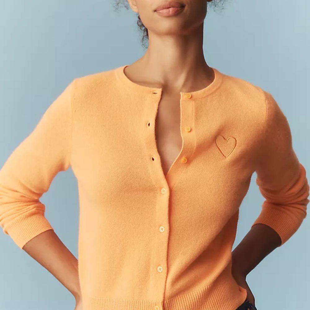 Anthropologie Peach Heart-Embroidered Crewneck Cardigan